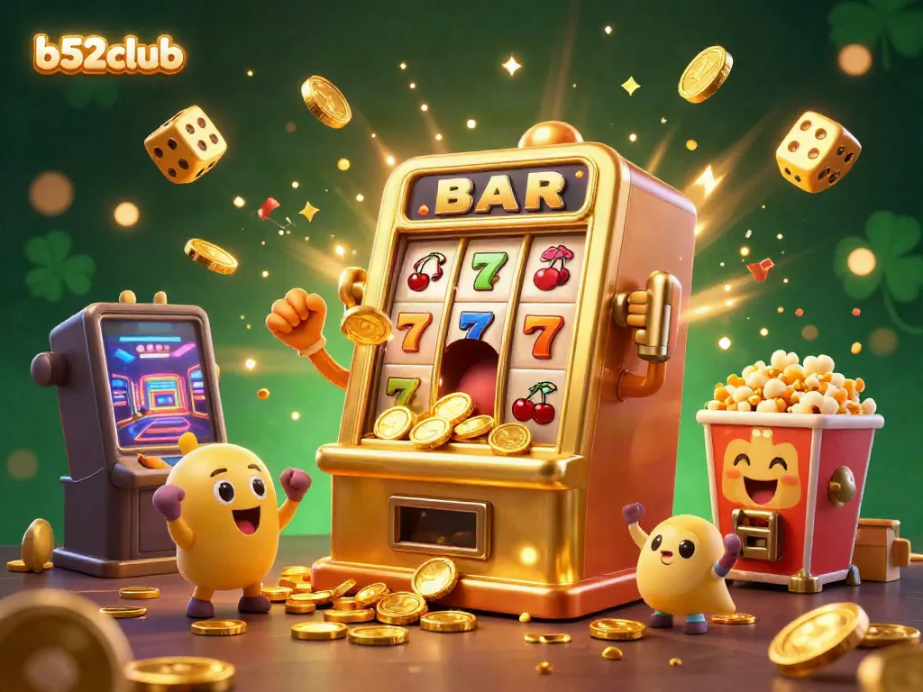 Join in on the fun with b52club as a joyful golden slot machine scores big with overflowing coins!