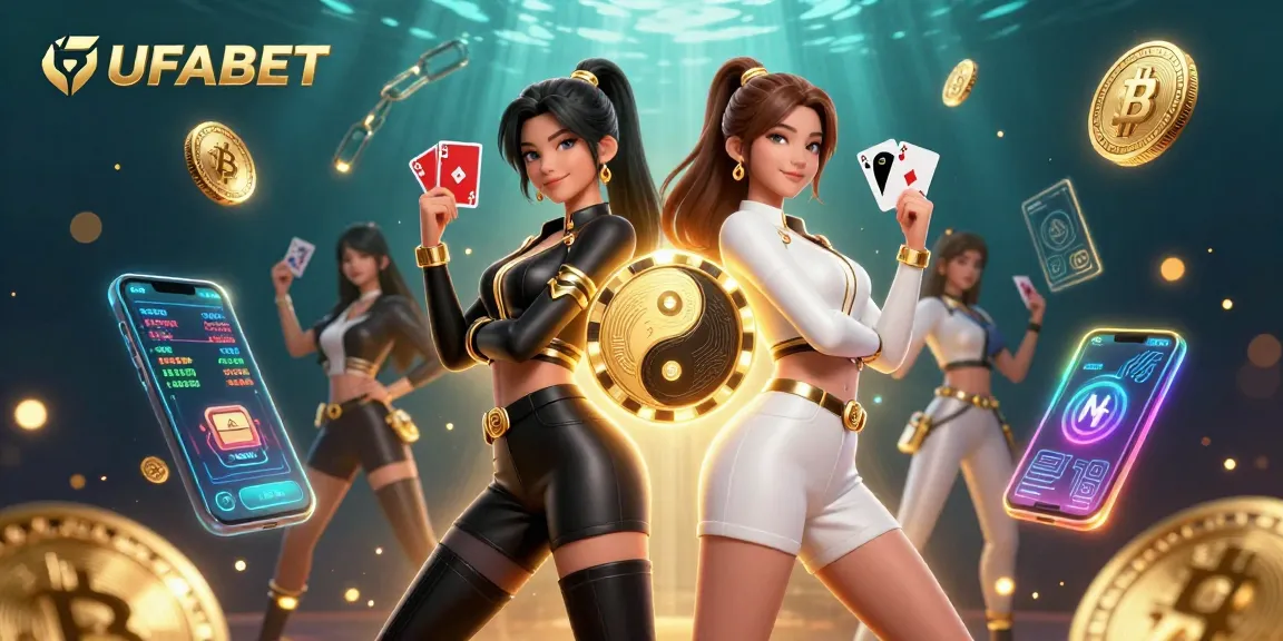 Win big with UFABET as stunning Asian women hold playing cards in a vibrant casino scene.