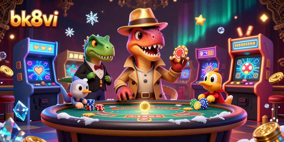 Experience the excitement of bk8vi with a 3D velociraptor counting cards at a vibrant casino table.