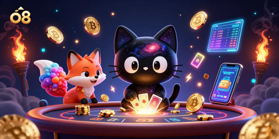 Experience exhilarating wins at o8 with vibrant 3D casino characters and crypto elements.