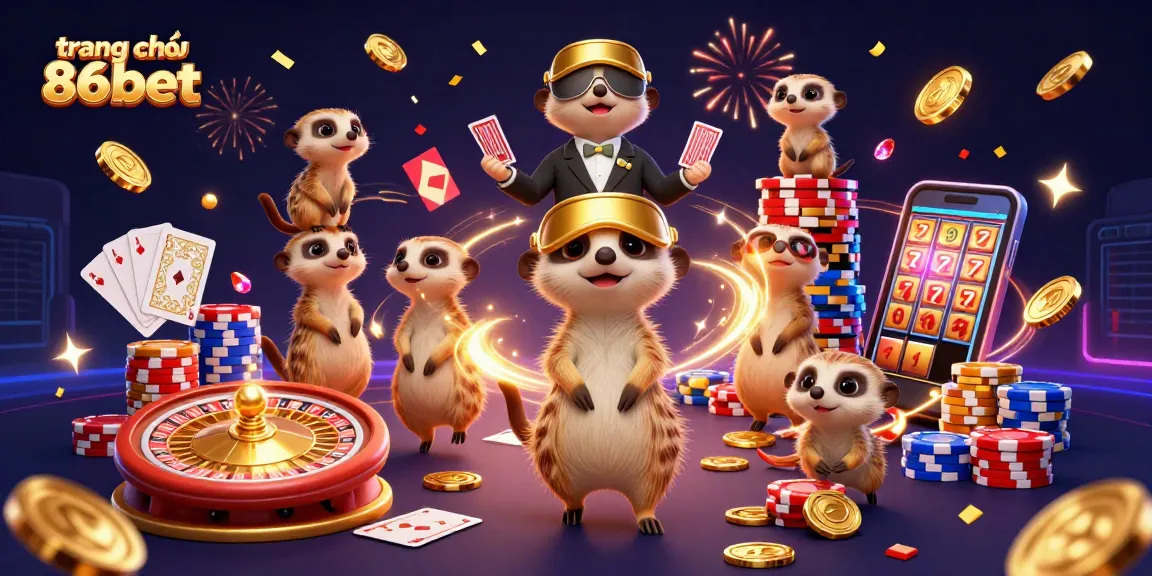 Experience thrilling casino action at trang chủ 86bet with playful meerkats in a vibrant, dynamic illustration.