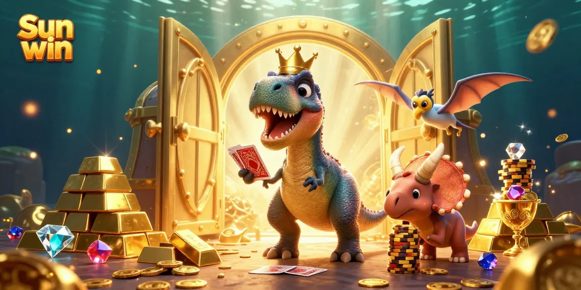 Engage in the action at Sun win with a T-Rex, pterodactyl, and triceratops in a vibrant casino scene.