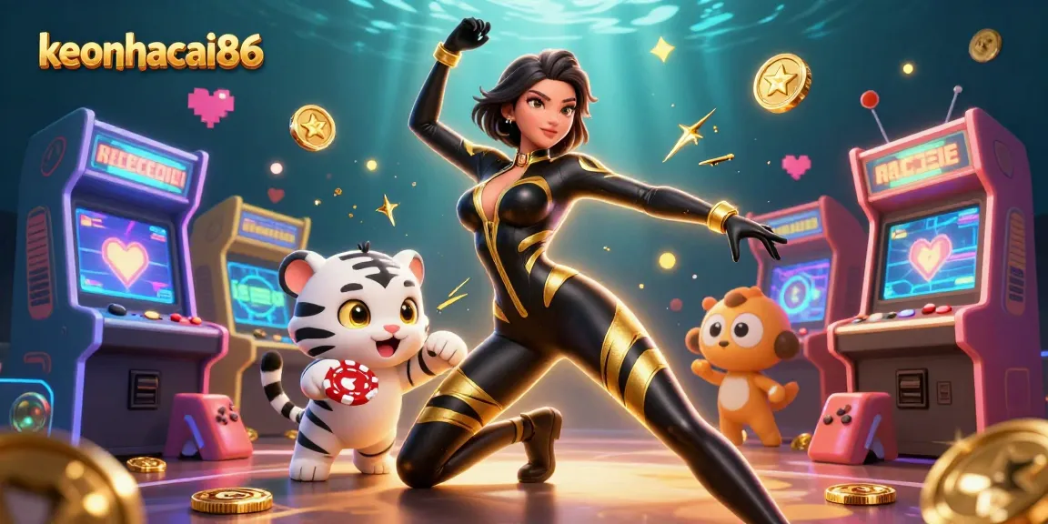 Engage with keonhacai86's vibrant casino scene featuring a dynamic acrobatic character and game elements.