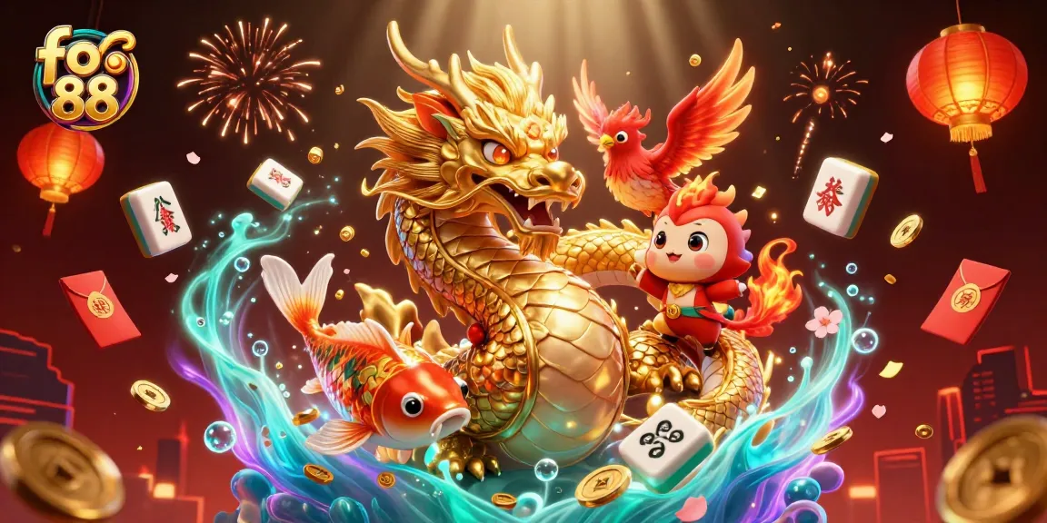 Experience the excitement of fo 88 with rich visuals of a casino world, showcasing a golden dragon and vibrant game elements.