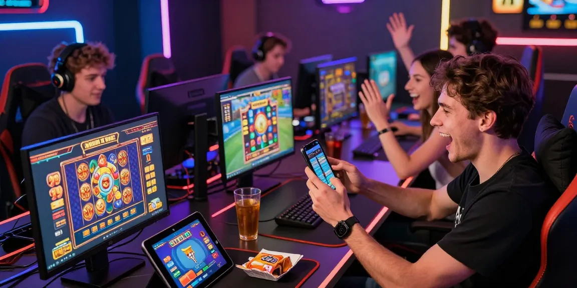 situs slot deposit 10 ribu gaming atmosphere with players celebrating wins and enjoying interactive gameplay.