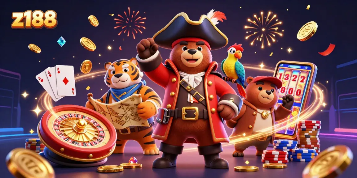 Experience thrilling gameplay with z188, featuring animated pirate and tiger amidst casino excitement.