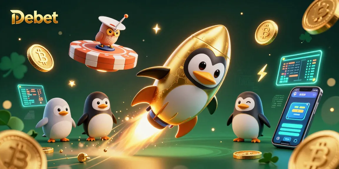 Bet on Debet with a dazzling cartoon penguin and golden coins in a casino-inspired space