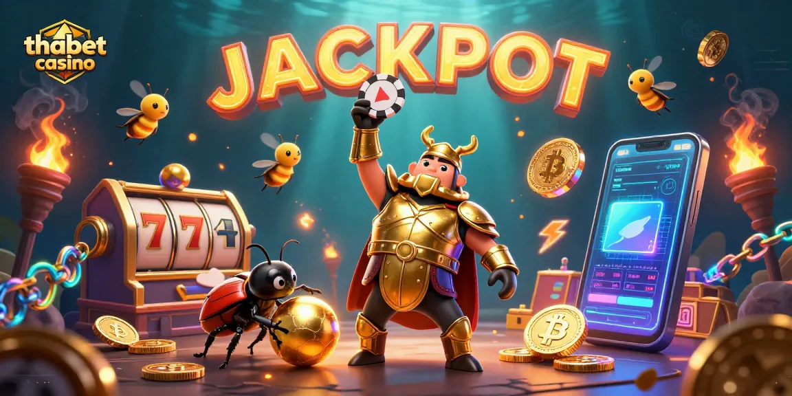 Win big at thabet casino with illustration of a beetle hero celebrating with poker chips and coins.