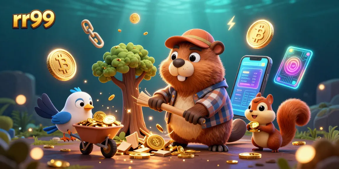 Engage in dynamic gameplay with rr99, featuring cartoon characters amidst gold coins and crypto elements.