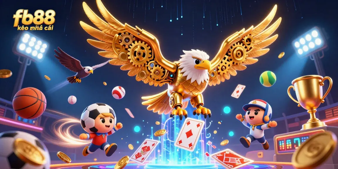 Experience the excitement of fb88 kèo nhà cái with a dynamic 3D illustration showcasing a cybernetic eagle amidst vibrant sports elements.