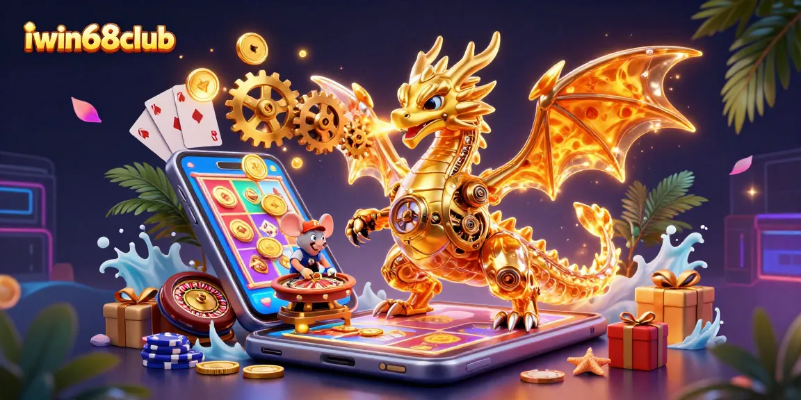 iwin68club captivates players with a dazzling 3D dragon and vibrant slot games illustration
