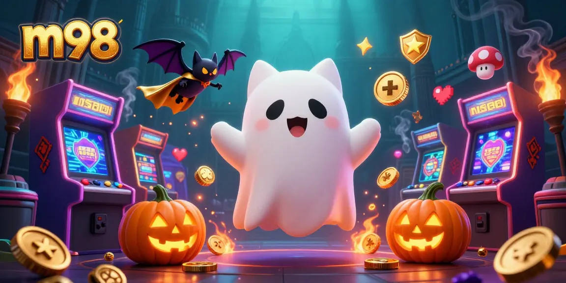 Engage with m98 casino adventures alongside a ghost cat and a vampire bat in a vibrant scene.