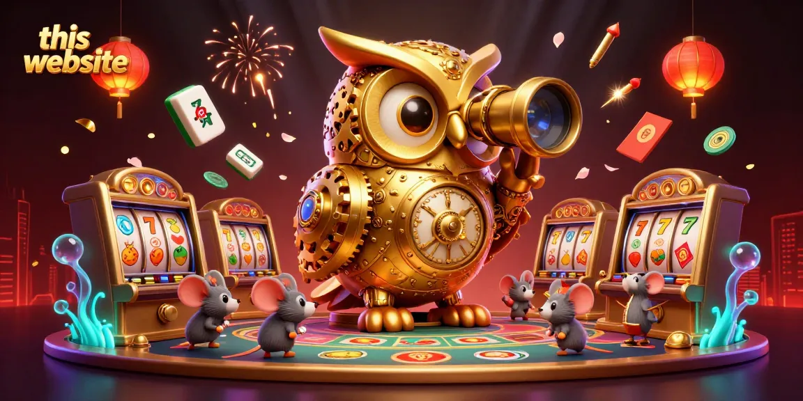 This website showcases a vibrant casino scene with animated elements like spinning slots and golden characters.