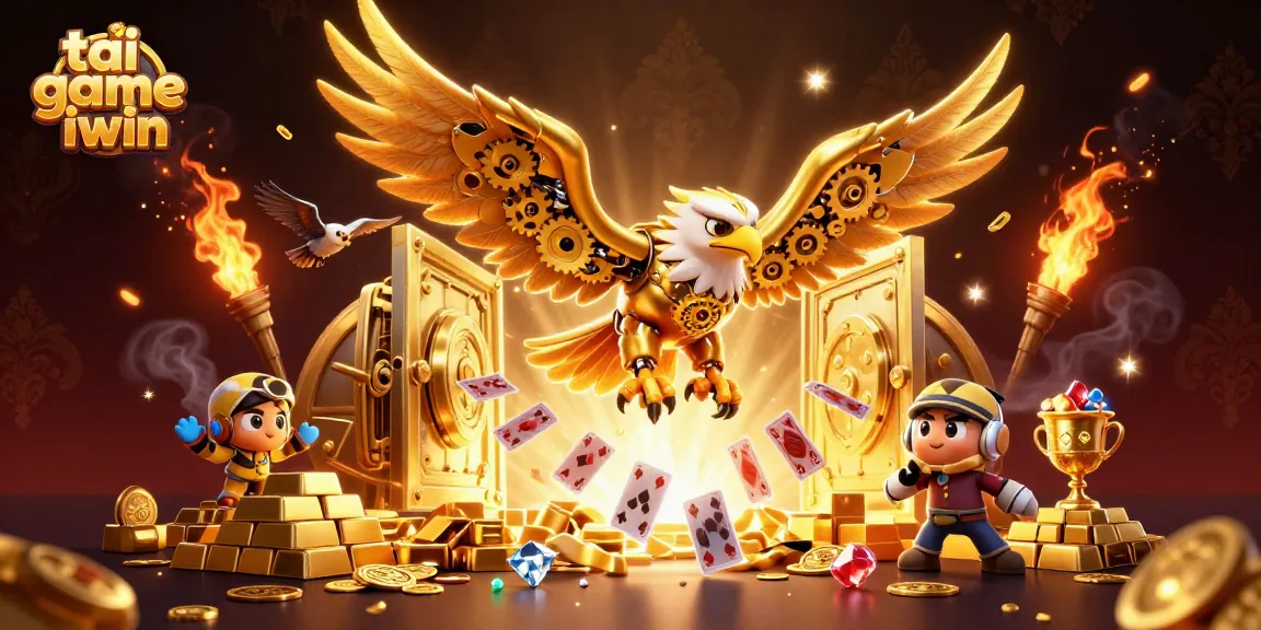 Experience the thrill of tai game iwin with a dynamic scene featuring cascading playing cards and golden treasures.