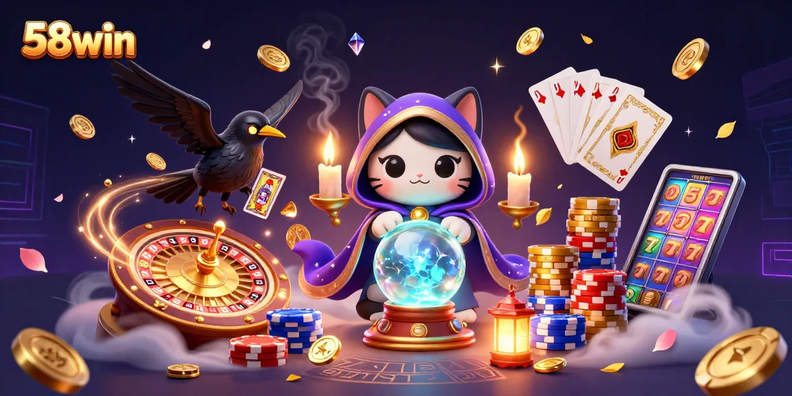 Engage with the mystic world of 58win through a captivating 3D casino illustration of a fortune teller cat.