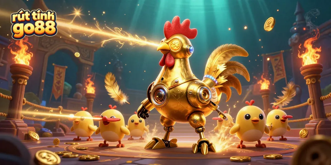 Engage in rút tiền go88 with dynamic visual of golden rooster robot amidst a vibrant casino setting.