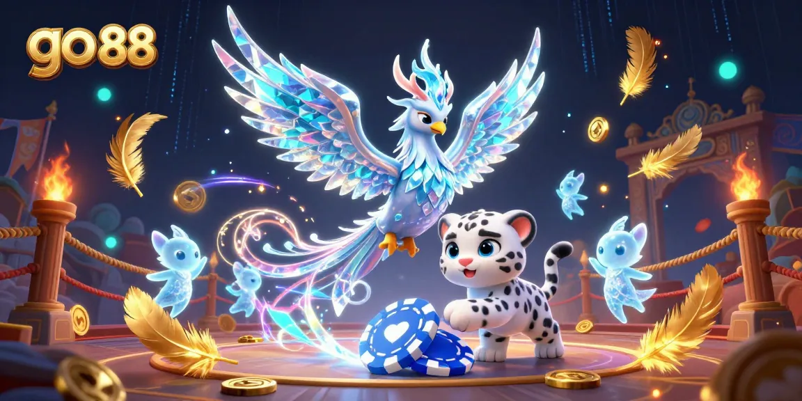 Experience thrilling fun at go 88 with an enchanting ice phoenix and playful snow leopard in a vibrant gaming scene.