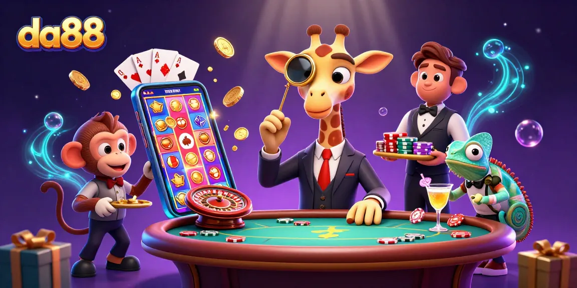 Join the excitement at da88 with a high-roller giraffe and vibrant slot games in a lively casino scene.