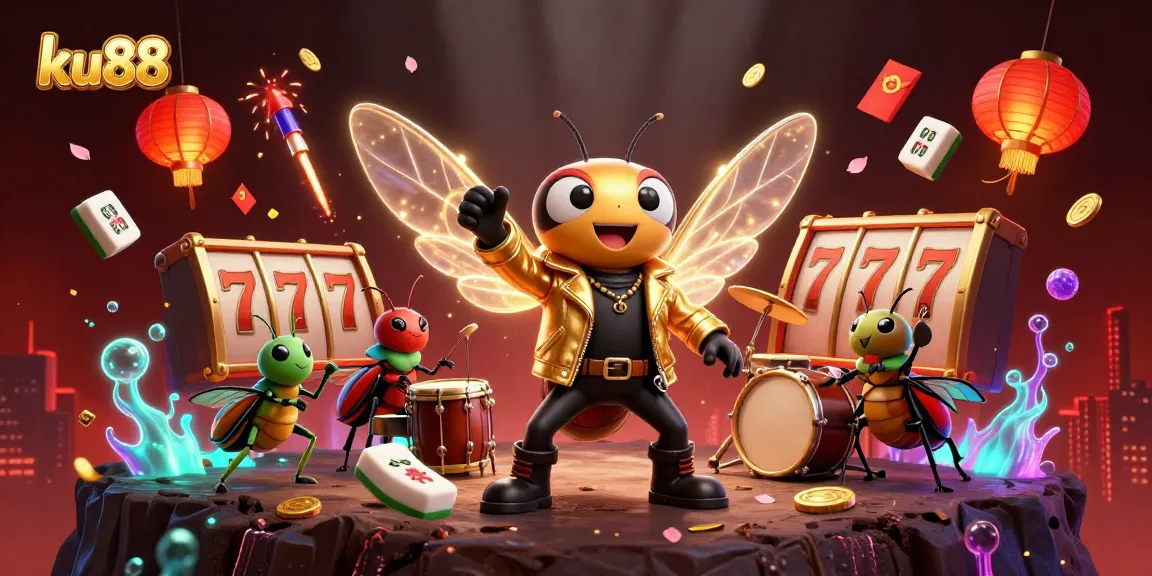 ku88 3D cartoon illustration of a cicada rock star and band in a lively casino scene.