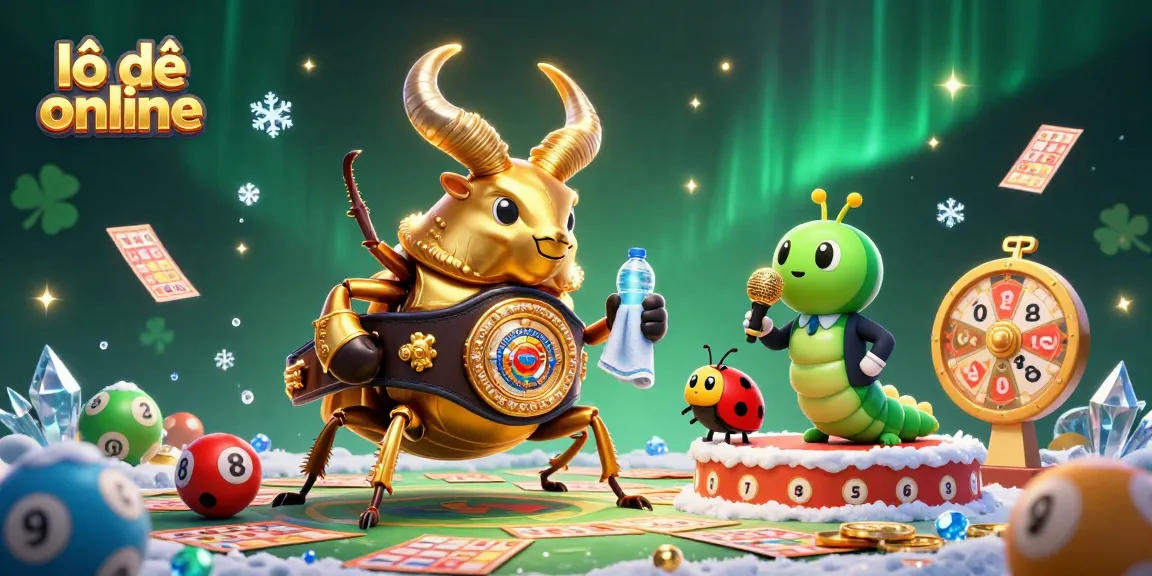 Engage in lô đề online lottery strategies with a vibrant 3D scene depicting a giant beetle champion surrounded by number balls and colorful elements.