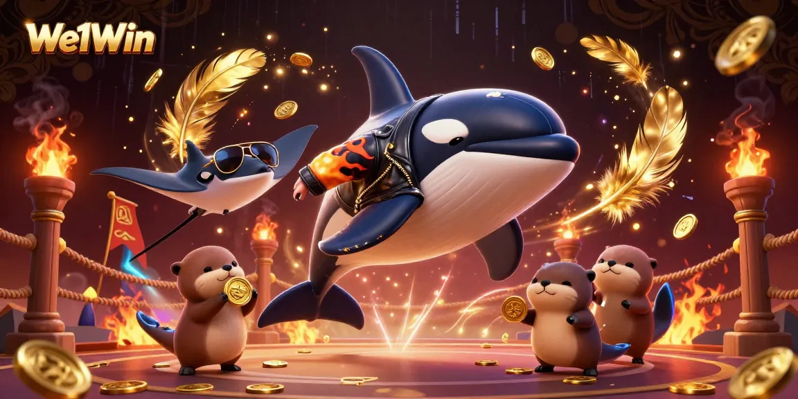 We1Win casino illustration featuring an orca in a leather jacket, stunning gold coins, and dynamic game elements.