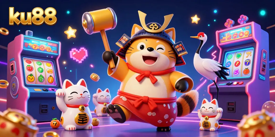 Play engaging casino games with ku88 featuring a cheerful tanuki, luck symbols, and vibrant gaming elements.