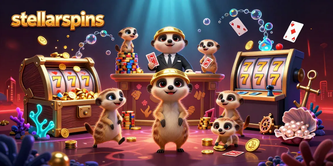 Stellarspins casino operation with lively meerkats, spinning slots, and vibrant gem explosions