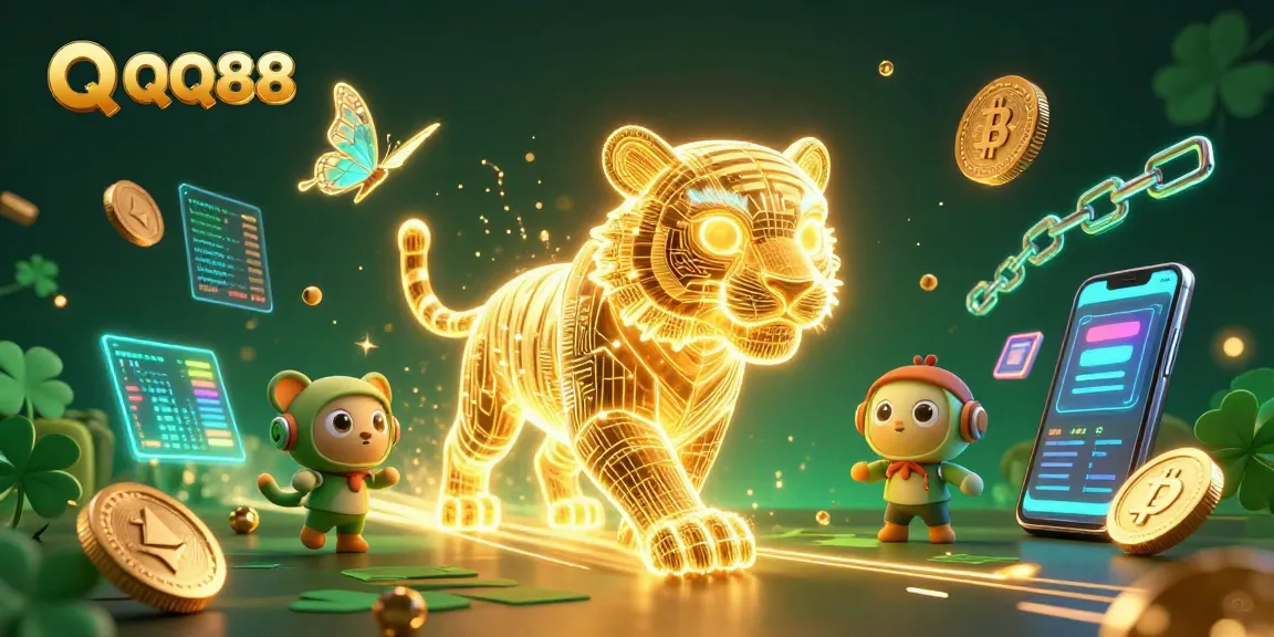 Experience thrilling gameplay at QQ88 with a neon wireframe golden tiger amidst digital casino delights.