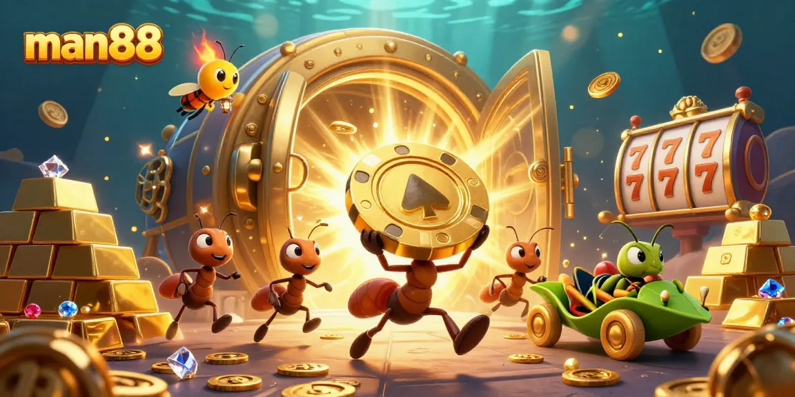 Engage with man88 as a team of cartoon ants pull off a thrilling heist in a lively casino setting.