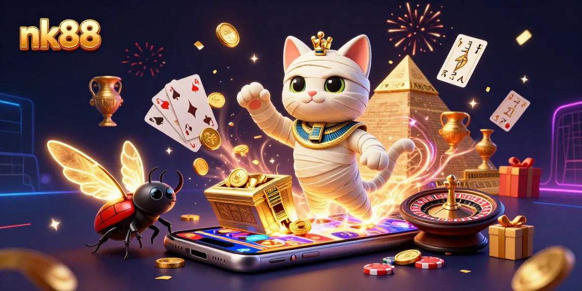 Experience thrilling wins at nk88 with spinning slots and golden coins erupting from a 3D smartphone.