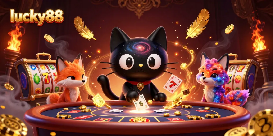 Play slots with lucky88 in a cosmic casino, as a black hole cat draws in golden chips.