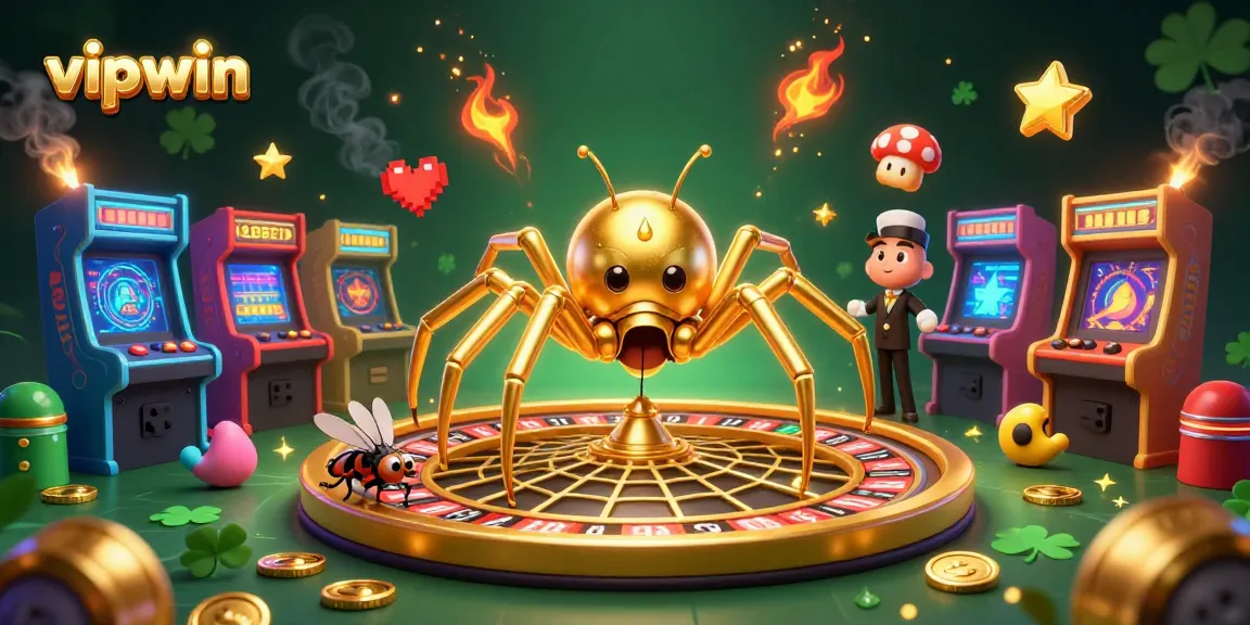Bet on vipwin as the golden spider spins a roulette wheel web, showcasing thrill and excitement.
