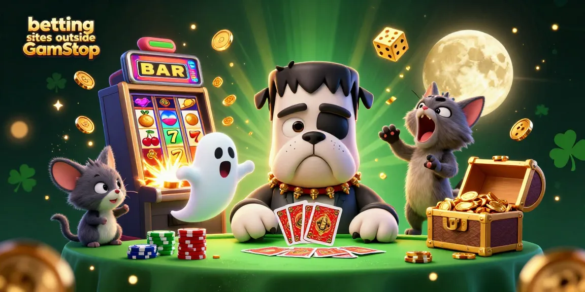 Engage with thrilling betting sites outside GamStop featuring a haunted table and playful characters.
